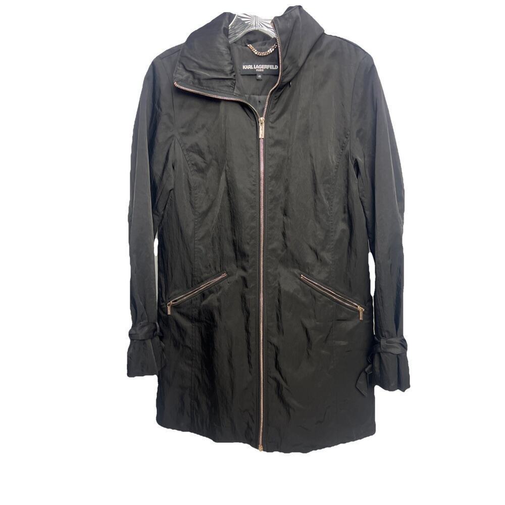 Karl Lagerfeld Women's Long Full Zip Rain Jacket Black Size XS